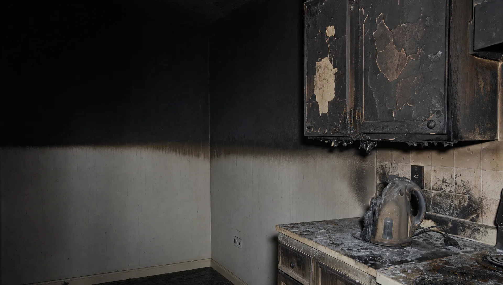 A kitchen corner after a fire: charred upper cabinets, and soot on the wall down to a sharp line
