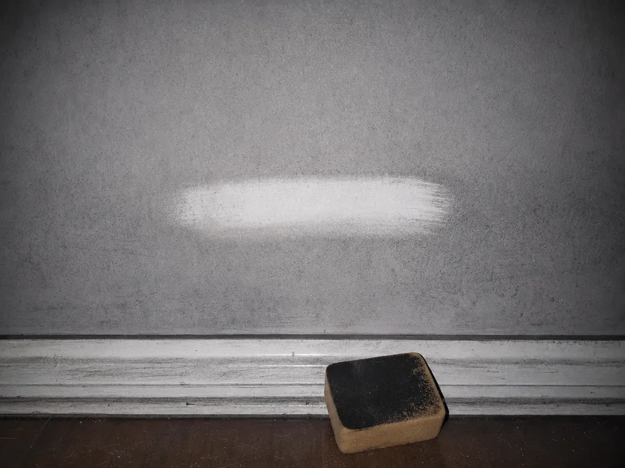 A clean wipe through grey residue on a painted wall, with the blackened sponge on the baseboard