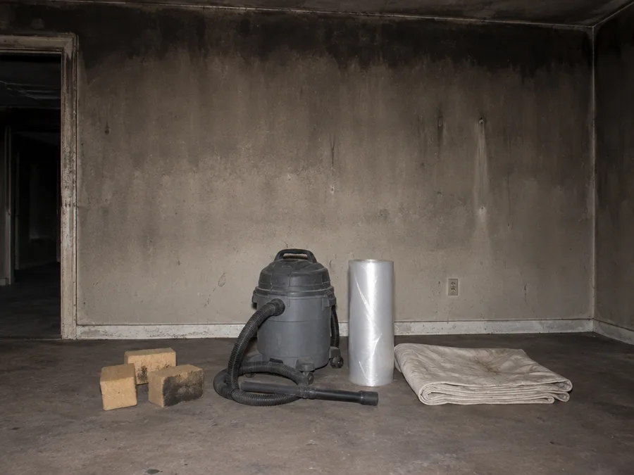 Cleaning tools set out on a sooty floor: tan dry sponges, a canister vacuum and a roll of plastic sheeting