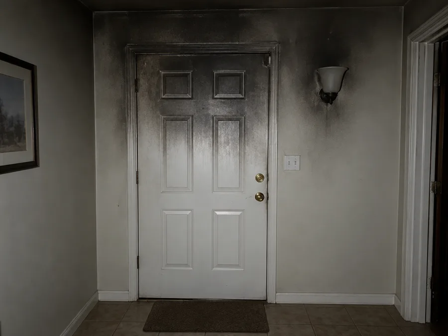 The inside of a front door after a fire, soot darkening its upper half and the ceiling above it
