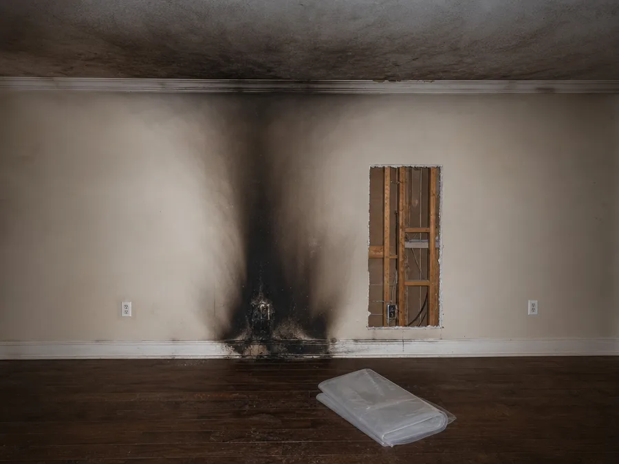 A living room wall with a scorched patch spreading up from an outlet, a section of drywall cut away to the studs, and a folded roll of plastic sheeting on the floor