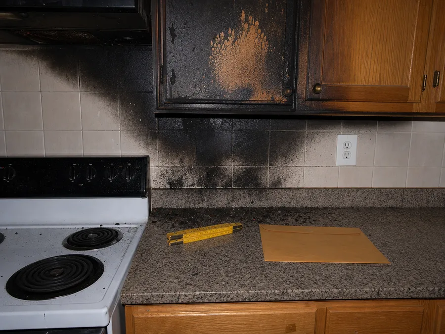 A scorched kitchen cabinet and sooty backsplash above a counter, with a folding ruler and a plain envelope set down in front of the damage